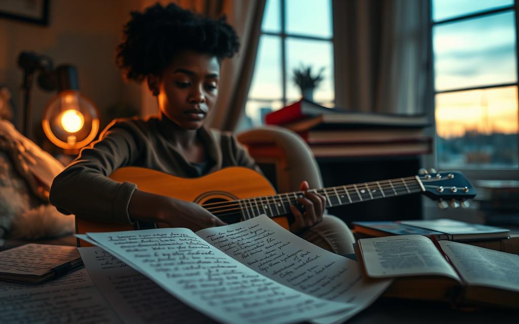 A close-up of a musician sitting in a cozy, dimly lit room, surrounded by scattered sheets of handwritten song lyrics. The artist, a young Black female with an expressive face, is wearing a casual yet stylish outfit, looking introspective as she connects emotionally with the lyrics. In the foreground, a guitar rests on her lap, symbolizing her creative process. In the middle ground, a soft glow from a nearby lamp bathes the scene in warm light, enhancing the intimate atmosphere. Books and a journal are visible on a table, contributing to the storytelling element. The background features a soft-focus window revealing the dusk sky, creating a contemplative mood, reflecting the theme of emotional preparation and connection to music.