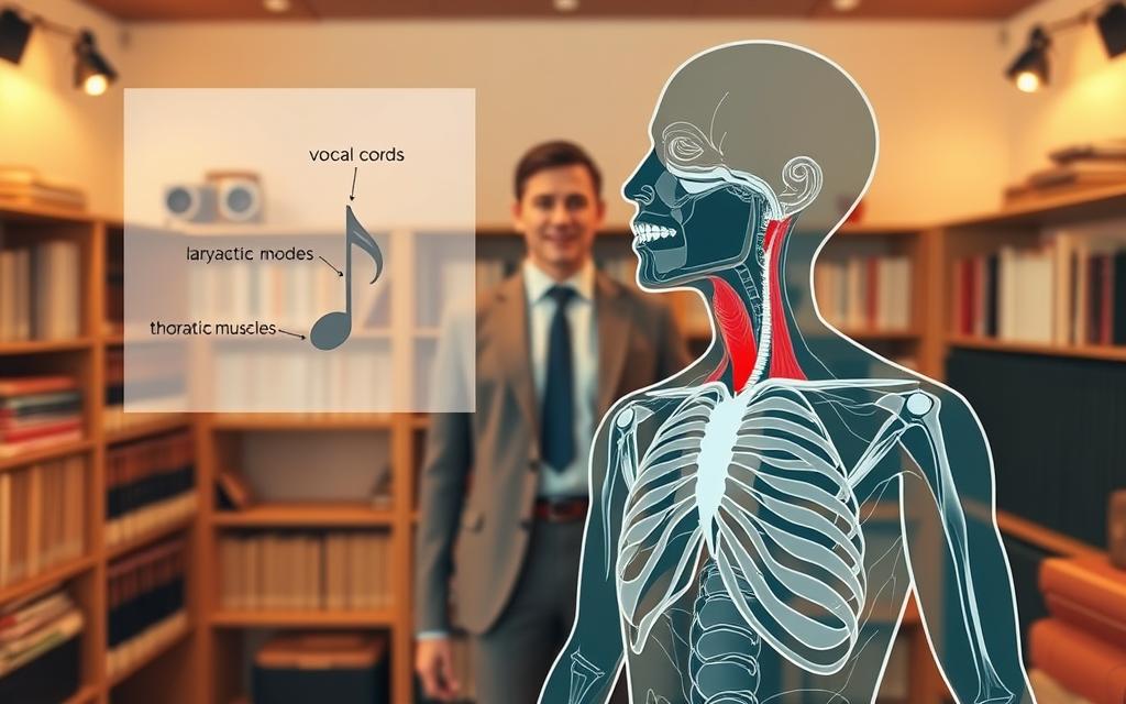 A detailed and educational illustration of vocal anatomy relevant to belting techniques. In the foreground, depict a labeled diagram of the human vocal cords, larynx, and thoracic muscles, represented in a semi-transparent overlay for clarity. In the middle ground, include an anatomy model in a refined, professional setting, showing a person wearing smart casual attire, demonstrating proper posture and breathing technique as they prepare to belt. The background should feature a softly lit, music-themed environment with shelves of vocal training books and soundproofing materials, exuding a calm and focused atmosphere. Use warm, inviting lighting to create a sense of warmth and motivation, with a slight blurring effect on the background to emphasize the anatomy details in the foreground.