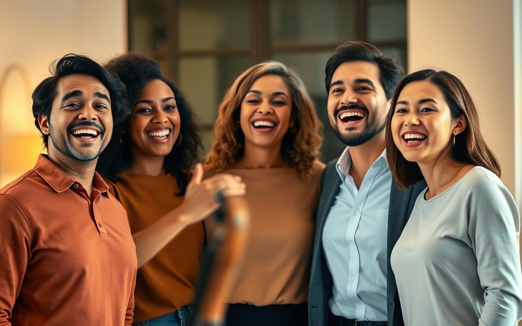 A diverse group of five singers, both male and female, standing in a semi-circle, blending their voices in harmony. Each singer is dressed in smart casual clothing, showcasing a mix of cultural backgrounds. Their expressions reflect joy and concentration, as they share a moment of musical collaboration. In the foreground, their mouths are open, capturing the essence of singing. The middle ground features a soft, blurred instrument, suggesting musical support. The background is a softly lit room with warm, ambient lighting that creates an inviting atmosphere, highlighting the emotional connection between the singers. Shot with a slightly wide-angle lens to encapsulate the group while maintaining a sense of intimacy, evoking a feeling of unity and shared purpose in their performance.