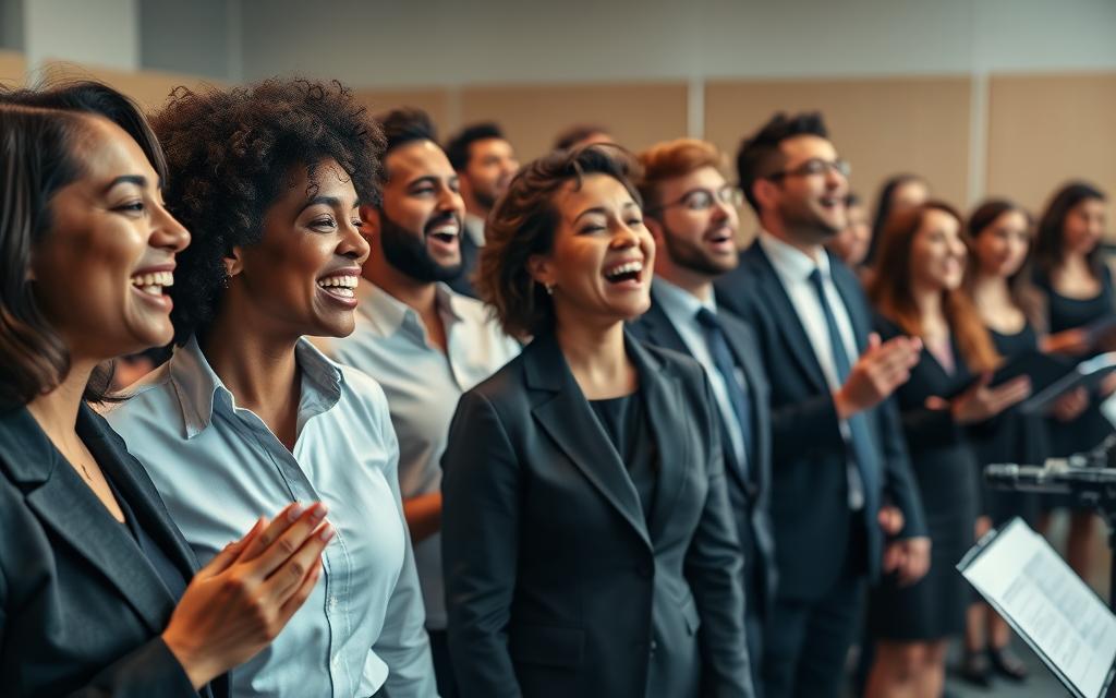 A diverse group of singers, in professional business attire, engaged in a vibrant harmony singing session, showcasing various singing techniques. In the foreground, focus on three individuals harmonizing, their expressions conveying joy and concentration. In the middle ground, a larger group of singers blends seamlessly, their body language indicating collaboration and connection. The background features a softly lit rehearsal space with music sheets and a few musical instruments, creating a warm and inviting atmosphere. Utilize soft, natural lighting that enhances the emotional resonance of the scene. Capture the moment from a slightly elevated angle, emphasizing the importance of unity in sound. The overall mood is uplifting and focused, embodying the essence of singing in harmony and teamwork.