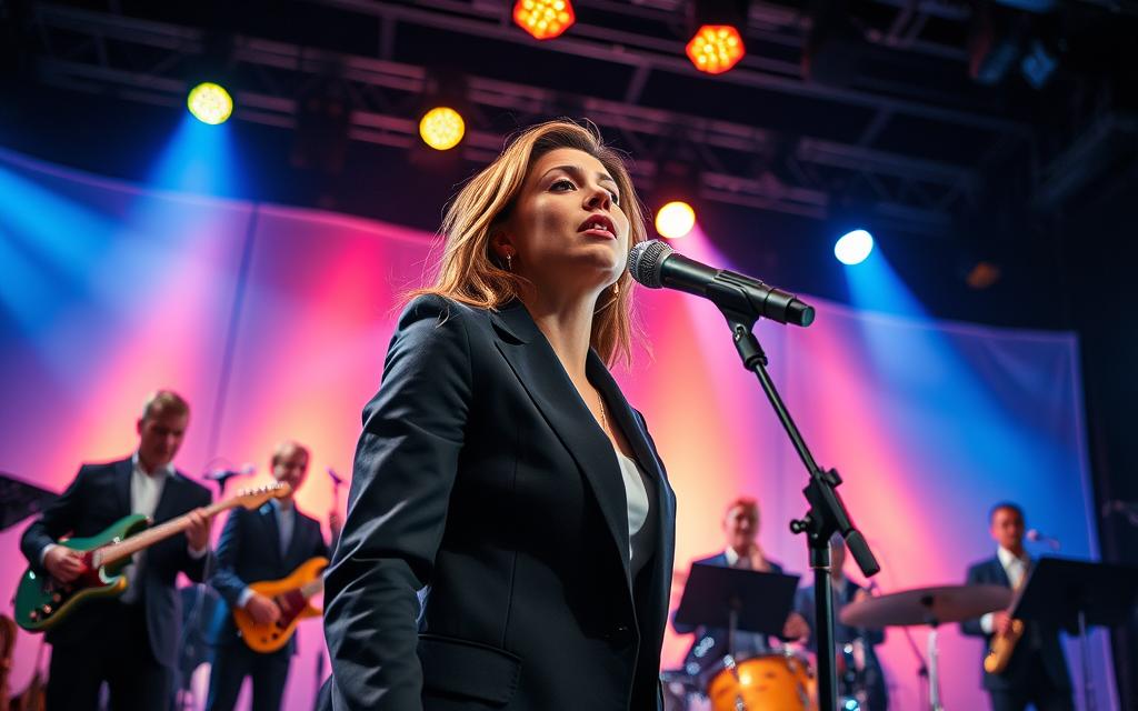 A dynamic scene focusing on a skilled vocalist demonstrating advanced belt techniques. In the foreground, the singer is captured mid-performance, wearing stylish yet professional business attire, with an expression of concentration and empowerment as she reaches a high note. The middle ground features a diverse group of attentive musicians, showcasing their instruments, emphasizing collaboration in the creative process. The background includes a softly lit stage with vibrant colored lights creating an electrifying atmosphere. The lighting highlights the singer, casting dramatic shadows that enhance the intensity of the moment. The composition is shot from a low angle, emphasizing the power of the vocalist while maintaining a sense of grandeur and professionalism. The overall mood is inspiring and energizing, reflecting the mastery of vocal stamina and high-note techniques.