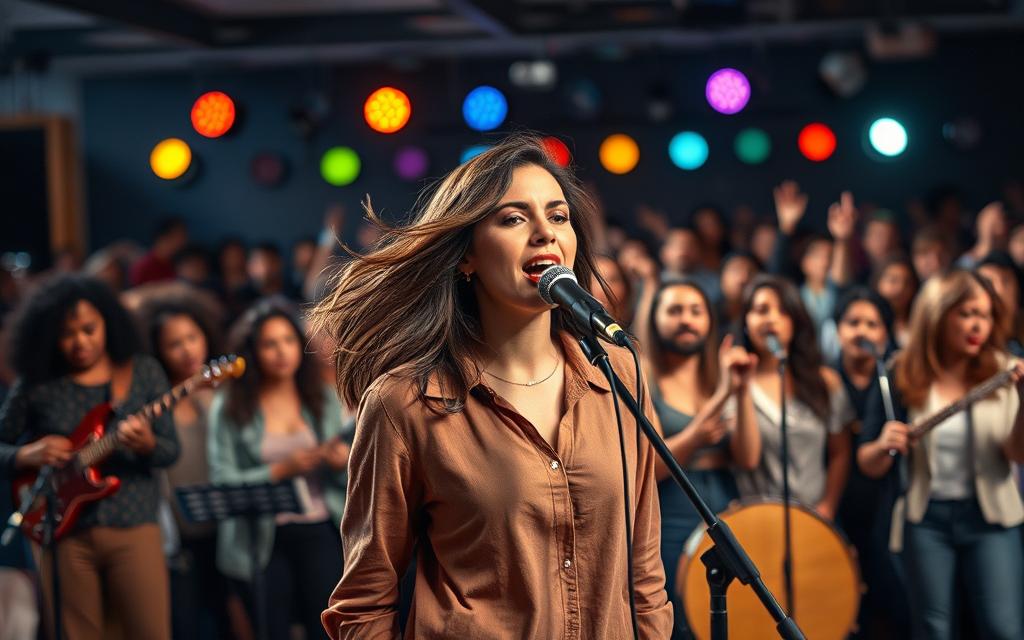 A dynamic scene showcasing a diverse group of contemporary singers engaged in the powerful belting technique. In the foreground, a female vocalist with a confident expression, wearing stylish but modest clothing, passionately sings into a microphone. Her hair flows dramatically as she projects her voice. In the middle ground, an array of musicians play various instruments, adding to the energy of the performance, with a supportive backdrop of colorful stage lights. The background features an enthusiastic audience, blurred slightly to emphasize the singers in the foreground. The overall mood is vibrant and empowering, conveying the essence of contemporary singing. Soft, dramatic lighting from above highlights the singers, creating an inspirational atmosphere. The image captures the importance of belting in modern vocal performance, showcasing both artistry and technique.