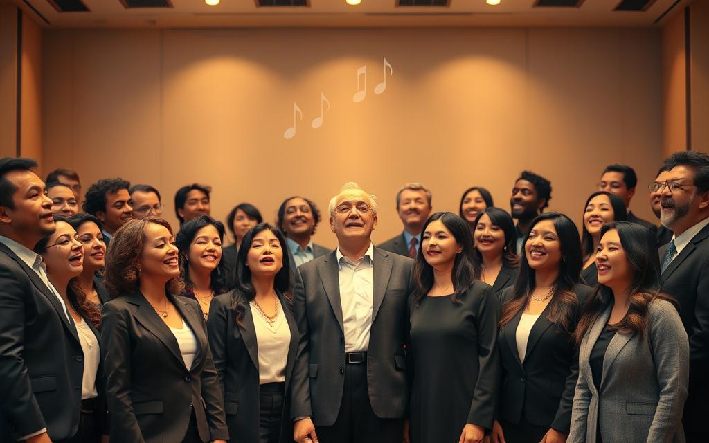 A harmonious choir scene showcasing the concept of "Vocal Blend vs. Balance." In the foreground, diverse singers of different ethnicities, dressed in professional business attire, stand in a semi-circle, each with distinct facial expressions reflecting the joy of singing. The middle layer features subtle sound waves visually emanating from their mouths, illustrating vocal blend, with overlapping colors representing unity in sound. In contrast, balanced singers, positioned slightly behind, form a neat line with clear spacing, emphasizing individual voices while maintaining harmony. The background highlights a softly lit stage setting with warm lighting that creates an inviting atmosphere. The overall mood is uplifting and inspiring, capturing the essence of collaboration in music, while focusing on the differences between vocal blend and balance visually.