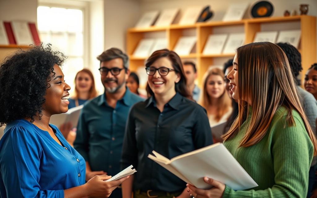 A lively scene depicting a diverse group of singers harmonizing together, standing in a semi-circle in a cozy, warmly-lit rehearsal space. In the foreground, showcase three singers: a woman with curly hair wearing a bright blue blouse, a man with glasses in a smart black shirt, and a young woman with long straight hair dressed in a casual green sweater, all passionately engaged in singing. In the middle ground, capture a mix of other group members, each with varying ethnic backgrounds, adding depth and richness to the scene. The background features soft, blurred shelves filled with musical scores and a window letting in gentle natural light, creating an uplifting and inviting atmosphere. The image should evoke a sense of unity and joy, focusing on the connection between voices and the shared experience of making music.