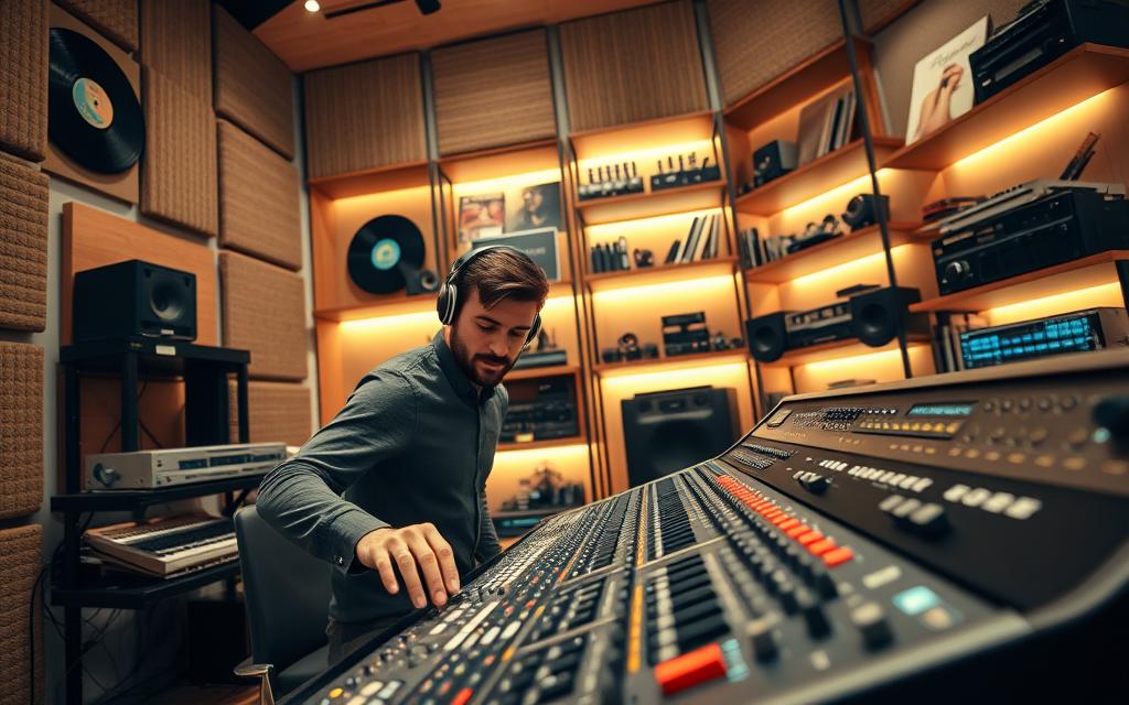 A modern music studio filled with sophisticated audio equipment, focusing on a talented music producer set in the foreground. The producer, dressed in smart casual attire, is intently adjusting sliders and knobs on a digital audio mixer, concentrating on balancing vocal tracks for harmony. Surrounding him are soundproof walls adorned with acoustic panels and shelves filled with vinyl records and sound equipment. In the background, softly lit shelves carry sound mixing gear, creating a cozy yet professional atmosphere. The lighting is warm and ambient, enhancing the sense of creativity and focus. The angle captures both the producer and the intricate details of the mixer, encapsulating the essence of collaborative music production.