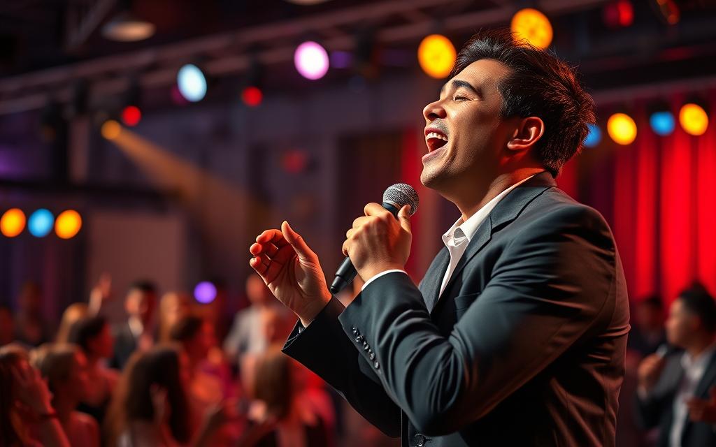 A passionate singer in mid-performance, exuding emotion on stage. In the foreground, the artist, dressed in professional business attire, holds a microphone with fervor, their eyes closed, face expressing deep feeling. The middle ground features an audience captivated by the performance, with silhouetted figures swaying to the music, their faces illuminated by warm stage lights. The background is a vibrant stage setting, adorned with colorful spotlights and a backdrop that hints at a studio atmosphere, creating a seamless transition from the studio to live performance. The lighting is dramatic, casting a soft glow on the singer and enhancing the intensity of the scene. The overall atmosphere is electrifying, embodying the connection between the artist and their audience.