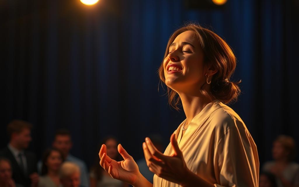 A passionate singer stands at the center of a softly lit stage, their expressive face illuminated by warm, golden lights that capture the intensity of their performance. The foreground showcases the singer in modest, elegant attire, with eyes closed, conveying deep emotion. Their hands are raised slightly, emphasizing the connection to their voice. In the middle ground, a blurred audience is visible, captivated and swaying gently, encapsulating the shared experience of music. The background is a deep blue curtain that transitions into soft bokeh lights, enhancing the ambiance of heartfelt artistry. The scene should evoke warmth and connection, focusing on the singer's emotional expression and the magic of live performance, captured from a slight low angle to emphasize their presence and passion.
