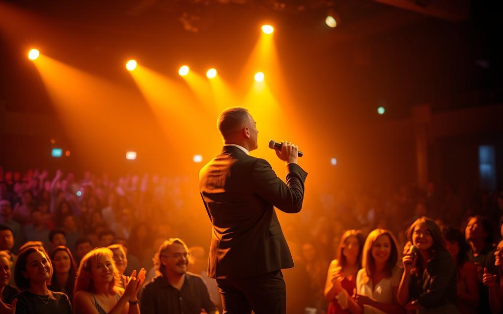 A passionate singer stands center stage, bathed in warm, golden spotlight, expressing deep emotions through their powerful performance. In the foreground, the singer, dressed in sleek, professional attire, conveys intensity and connection with the audience through expressive gestures and a heartfelt facial expression. The middle ground features an engaged audience, captivated and swaying to the music, their faces illuminated by soft, ambient lighting, reflecting various emotions of joy and nostalgia. The background showcases a dimly lit concert hall filled with colorful stage lights, creating a vibrant yet intimate atmosphere. Capture the essence of emotional connection through music, emphasizing the heartfelt bond between performer and audience, using a warm color palette and dramatic lighting to evoke feelings of unity and togetherness.