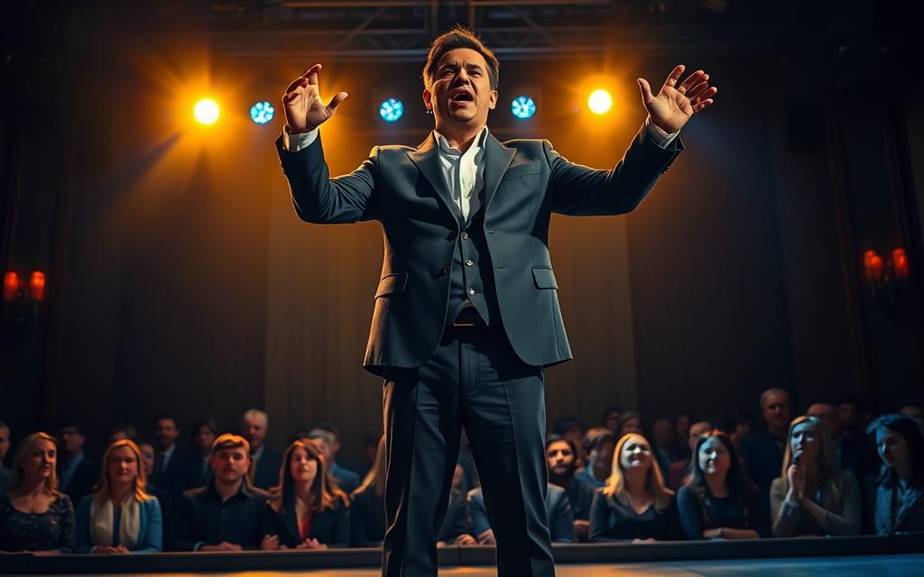 A powerful vocalist stands center stage, projecting a strong and confident pose while demonstrating the belt technique. They are dressed in a classy, professional outfit, perhaps a tailored blazer and smart trousers, exuding an air of authority and skill. The background features an elegant theater setting, with dimmed lights highlighting the vocalist. A warm spotlight casts a golden glow, accentuating their passionate expression. In the middle ground, a captivated audience is visible, with a mix of admiration and awe on their faces. The lighting creates a rich atmosphere, combining blues and golds that evoke inspiration and energy. The angle is slightly lowered, emphasizing the vocalist's commanding presence and the emotion of the moment, perfect for illustrating the essence of mastering the belt technique in vocal performance.