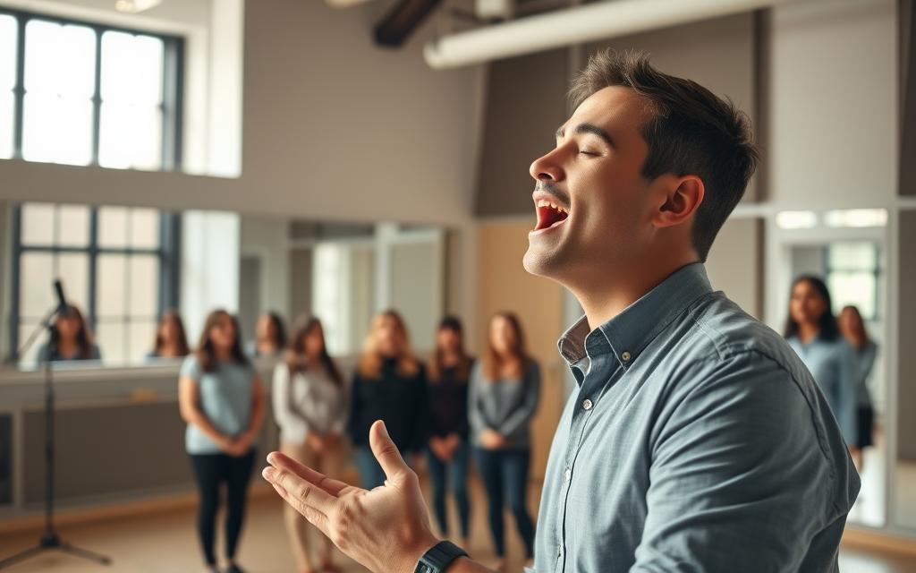 A professional vocal coach stands confidently in a well-lit rehearsal studio, demonstrating emotional singing techniques. In the foreground, the coach, dressed in smart casual attire, passionately sings, eyes closed, with expressive features that convey deep emotion. In the middle ground, a small group of attentive students, clad in modest clothing, observe the demonstration, captivated by the coach's performance. The studio is adorned with mirrors and soundproofing panels, creating a focused environment conducive to learning. Soft, natural light streams in through large windows, highlighting the coach’s gestures. The overall atmosphere is one of inspiration and concentration, emphasizing the importance of emotional expression while highlighting common pitfalls through clear demonstration.