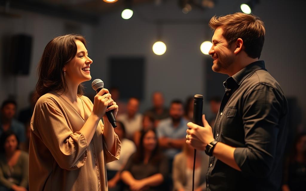A serene and engaging scene depicting two singers harmonizing together on a small, warmly lit stage. In the foreground, one vocalist, a woman in a modest casual blouse, holds a microphone and smiles, while a man next to her wears a smart casual button-up shirt, also with a microphone. They are positioned at an angle that showcases their connection and teamwork. The middle ground features a soft-focus audience, captivated by the music. In the background, gentle stage lights cast a warm glow, enhancing the inviting atmosphere. The mood is uplifting and harmonious, suggesting a sense of community and collaboration. The angle captures both singers evenly, highlighting their expressions and the joy of creating two-part harmony.