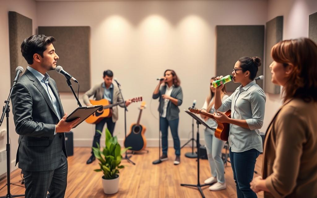 A serene and inspiring scene showcasing a diverse group of individuals engaged in various healthy vocal habits. In the foreground, a confident singer in professional attire demonstrates proper vocal techniques, while a supportive vocal coach observes with a clipboard. In the middle ground, two musicians practice warm-up exercises, and a vocalist carefully sips from a hydration bottle, emphasizing recovery. In the background, a calm studio environment with soundproofing panels and soft ambient lighting creates a cozy atmosphere. A potted plant symbolizes well-being, and subtly displayed visual cues of vocal health, like hydration reminders and simple vocal exercises, enhance the educational aspect. The overall mood is uplifting, focused, and professional, encouraging viewers to embrace healthy vocal practices.