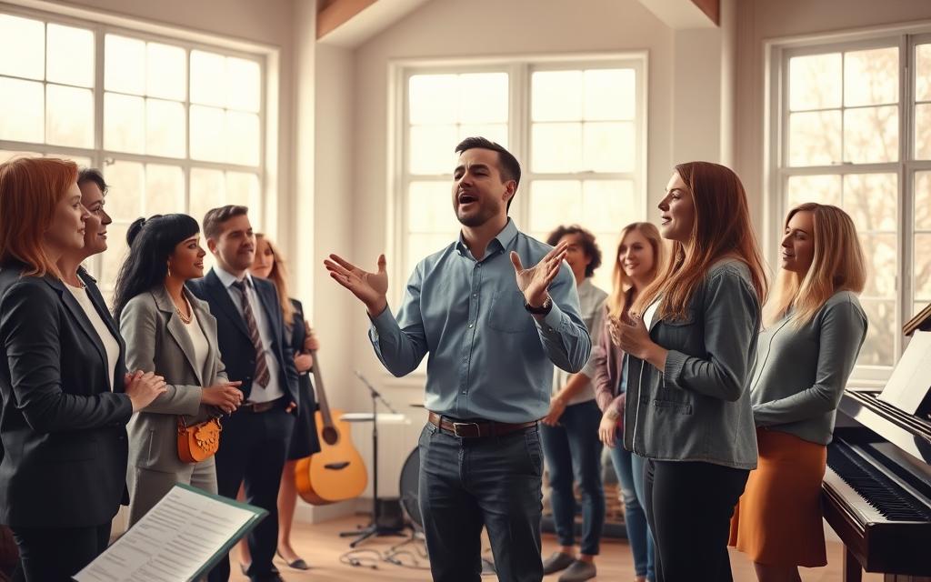 A serene indoor music studio filled with soft natural light pouring through large windows. In the foreground, a diverse group of individuals, dressed in smart casual attire, are engaging in an emotive singing practice. One person stands in the center, demonstrating a powerful vocal technique, with expressive hand gestures that convey emotion. Surrounding them, others are listening intently, their faces showing inspiration and concentration. In the background, instruments like a guitar and a piano add to the warm atmosphere, and sheet music is scattered around. The overall mood is uplifting and filled with a sense of connection, showcasing the beauty of expressing emotion through singing. The image is captured with a warm color palette, emphasizing the harmonious and encouraging environment of the studio.