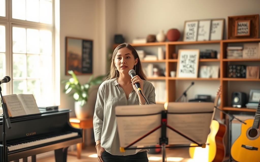A serene indoor music studio, filled with soft, warm light streaming through large windows, creating a peaceful atmosphere. In the foreground, a singer stands confidently, dressed in modest casual attire, holding a microphone with focus and intention. Their expression is one of deep emotion, conveying the dedication to their craft. Surrounding them are various musical instruments, such as a piano and guitar, symbolizing different elements of performance. In the middle ground, a music stand holds sheet music with annotated notes, indicating practice routines. The background features shelves filled with vocal training materials and inspirational quotes, enhancing the sense of purpose. The overall mood is one of dedication, creativity, and emotional connection, highlighting the essence of heartfelt vocal performance.