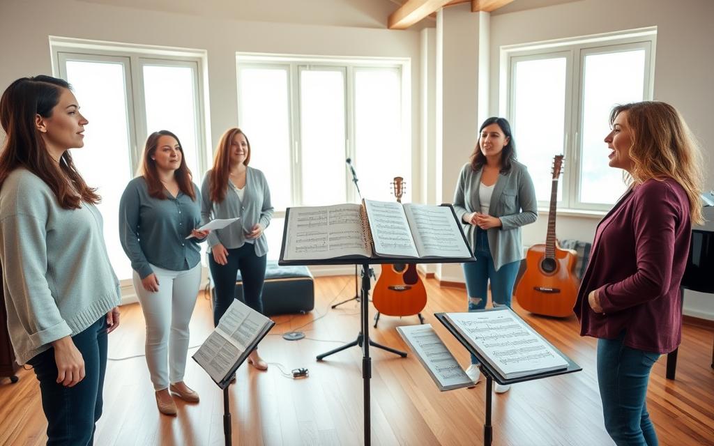 A serene indoor music studio with natural wooden floors and soft, warm lighting. In the foreground, a diverse group of four individuals, dressed in comfortable, professional attire, are practicing vocal harmony exercises. Their expressions show concentration and passion as they blend their voices together. In the middle, sheet music and vocal exercise books are spread out on a music stand, surrounded by a few acoustic instruments like a guitar and a piano. In the background, large windows allow gentle sunlight to filter in, creating a calm and inviting atmosphere. The overall mood is collaborative and creative, emphasizing the harmony and unity of voices in a shared musical experience.