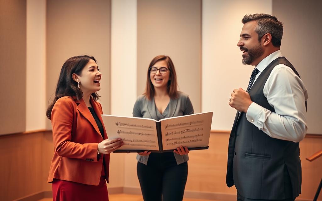 A serene indoor setting depicting three singers in harmony, with each representing different vocal ranges: a high soprano woman in a professional outfit, a middle alto woman in modest casual clothing, and a low bass man in formal attire. In the foreground, they enthusiastically engage in a circle, their expressions reflecting concentration and joy, as they blend their voices. The middle ground showcases sheet music with clear notation for high, middle, and low lines, illuminated softly by warm, diffused lighting. The background is a simple, elegant space with acoustic panels that enhance the ambiance and sound quality. The overall mood is one of collaboration and artistry, capturing the essence of musical harmony in a focused, uplifting atmosphere.
