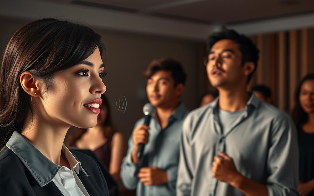 A serene indoor setting featuring a diverse group of singers, each embodying the essence of breath control in their vocal expression. In the foreground, a female singer in professional attire is gracefully exhaling, her facial expression conveying deep emotion, with soft light highlighting her features. The middle ground includes a male singer in modest casual clothing, seated while holding a microphone, focused and enveloped in an aura of concentration. The background shows a softly lit stage with muted colors, enhancing the atmosphere of intimacy and connection. Subtle visual elements, such as gentle sound waves emanating from their mouths, illustrate the link between breath and vocal expression, while warm lighting creates a welcoming and reflective mood.