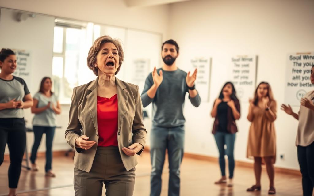 A serene rehearsal studio filled with natural light, showcasing a diverse group of singers immersed in vocal warm-ups. In the foreground, a middle-aged woman in professional business attire stands confident, demonstrating a powerful open posture as she engages in a deep breath exercise. In the middle, a young man in modest casual clothing practices vocal exercises, with emphasis on technique, his facial expression reflecting determination. The background features a large mirror, reflecting the participants, and inspiring posters about vocal techniques on the walls. The lighting is soft yet bright, highlighting the energy and focus in the room, creating a motivating atmosphere that embodies safety and empowerment in belting techniques. The angle captures the dynamic interaction and dedication to mastery.