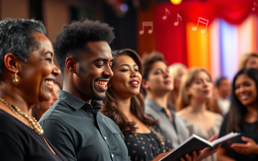 A vibrant scene of a diverse group of singers on stage, deeply engaged in harmonizing together. In the foreground, two individuals—a middle-aged Black man and a younger Asian woman—lean towards each other, their expressions focused and joyful, illustrating active listening. The middle ground features other singers, representing various ethnicities, blending their voices, with their eyes closed, immersed in the music. The background shows a colorful stage illuminated by soft, warm lighting, creating an inviting atmosphere. Subtle musical notes may be faintly suggested in the air, emphasizing the concept of harmony without being overt. The image captures a moment of connection and collaboration, fostering a spirit of teamwork in vocal performance. Use a slightly elevated angle to convey depth and engagement, with a soft bokeh effect to keep the focus on the singers.