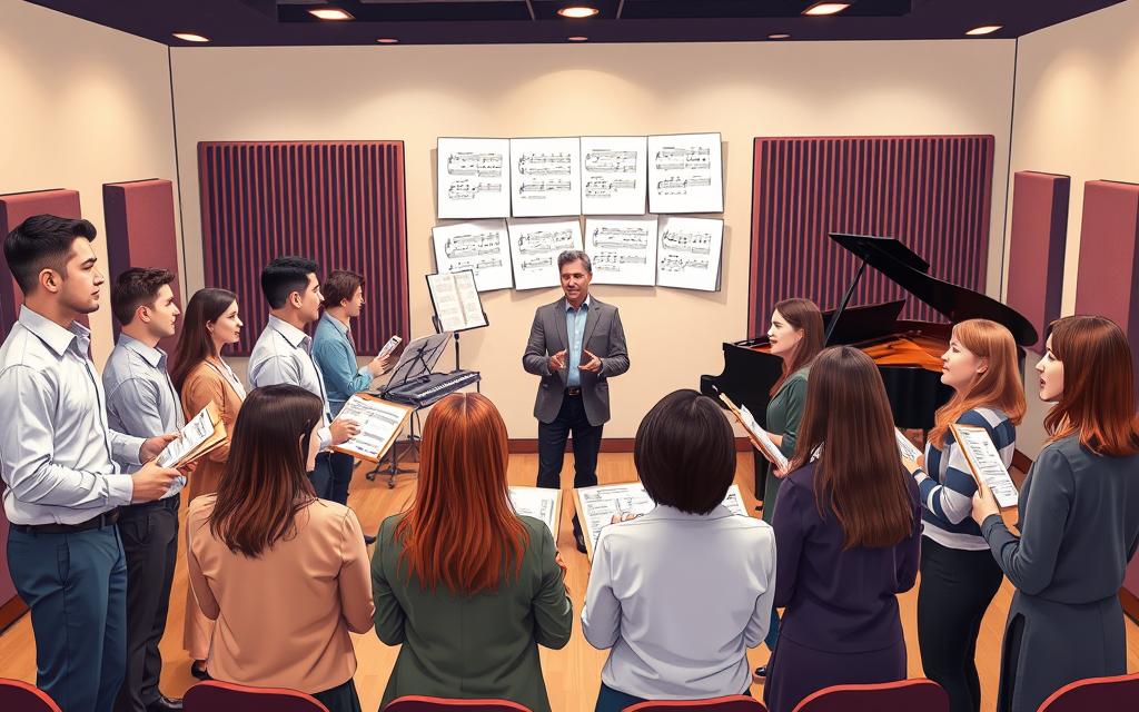 A visually engaging illustration depicting "Step-by-Step Belt Technique Improvement Strategies" in a professional music classroom setting. In the foreground, a diverse group of singers, men and women, dressed in smart casual outfits, are participating in a focused workshop. Each singer is demonstrating different techniques such as breath control, vocal resonance, and posture improvement, with clear stances and expressions of determination. In the middle ground, a knowledgeable vocal coach, also in professional attire, is guiding them, using gestures to highlight key concepts. The background features acoustic panels, music sheets, and a grand piano, creating an inspiring and educational atmosphere. Soft, warm lighting enhances the scene, conveying a sense of encouragement and creativity, inviting viewers to explore the strategies for mastering belt techniques.